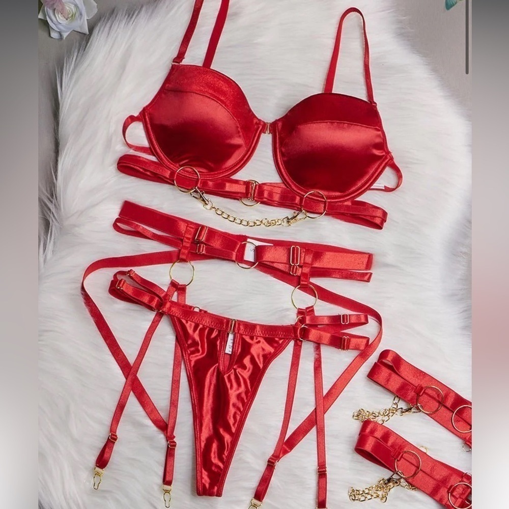 Red Strappy Lingerie Set - Picture 3 of 5